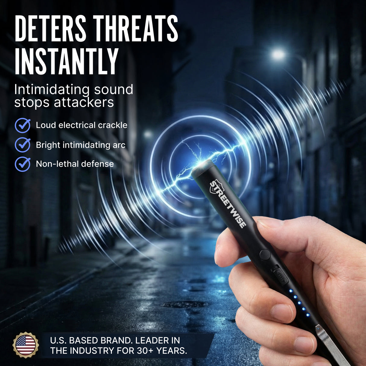 Hand holding a self-defense device with text about its features and brand history.