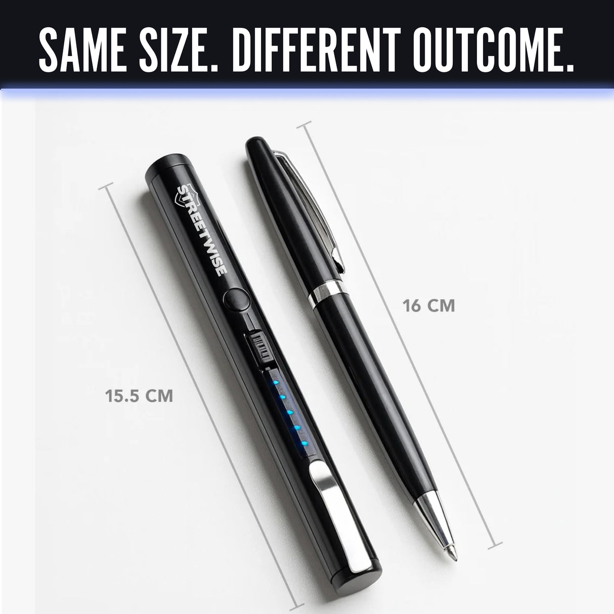 stun pen compared to regular pen's size showing measurements