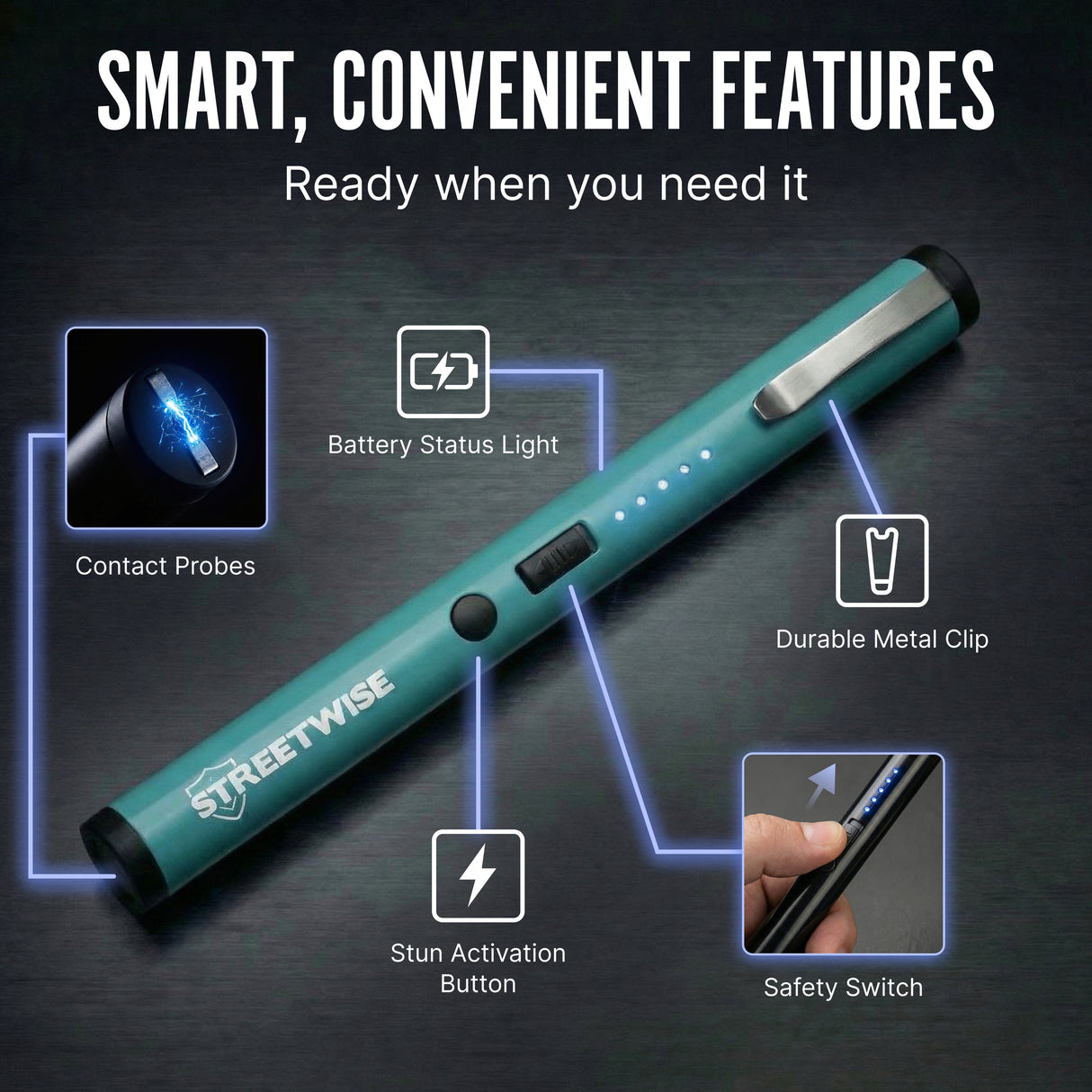 Teal Streetwise stun gun with features highlighted on a dark background