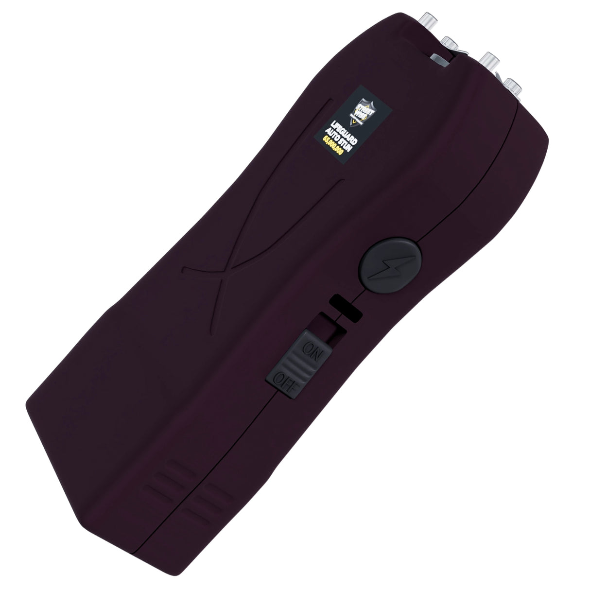 Streetwise black Lifeguard Auto Stun Gun side angle showing power switch and button activator