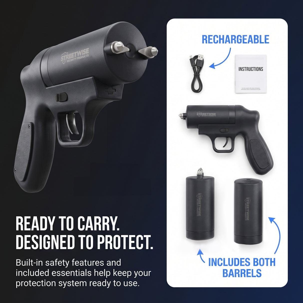 Streetwise Double Defender stun gun and pepper gel kit with rechargeable stun barrel, pepper gel barrel, charging cable, and instructions.