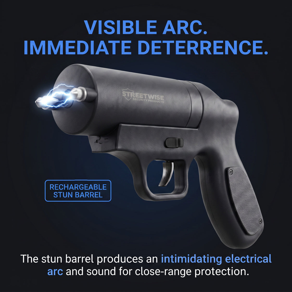 Streetwise Double Defender stun gun with rechargeable stun barrel producing a visible electrical arc