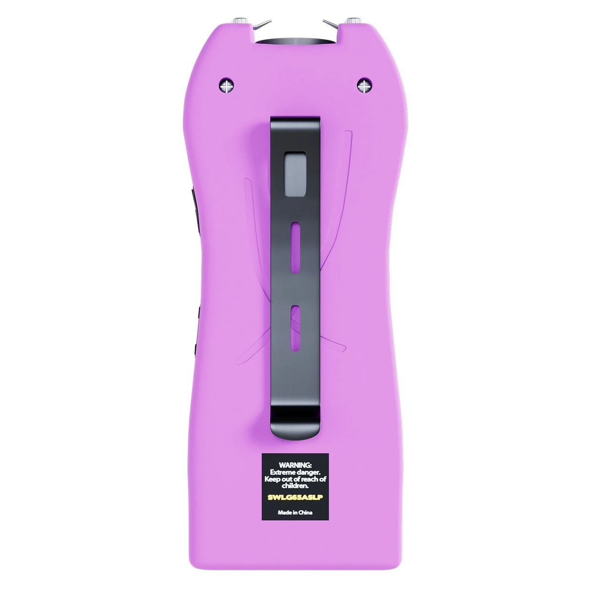 Streetwise light purple Lifeguard Auto Stun Gun back view showing belt clip attachment