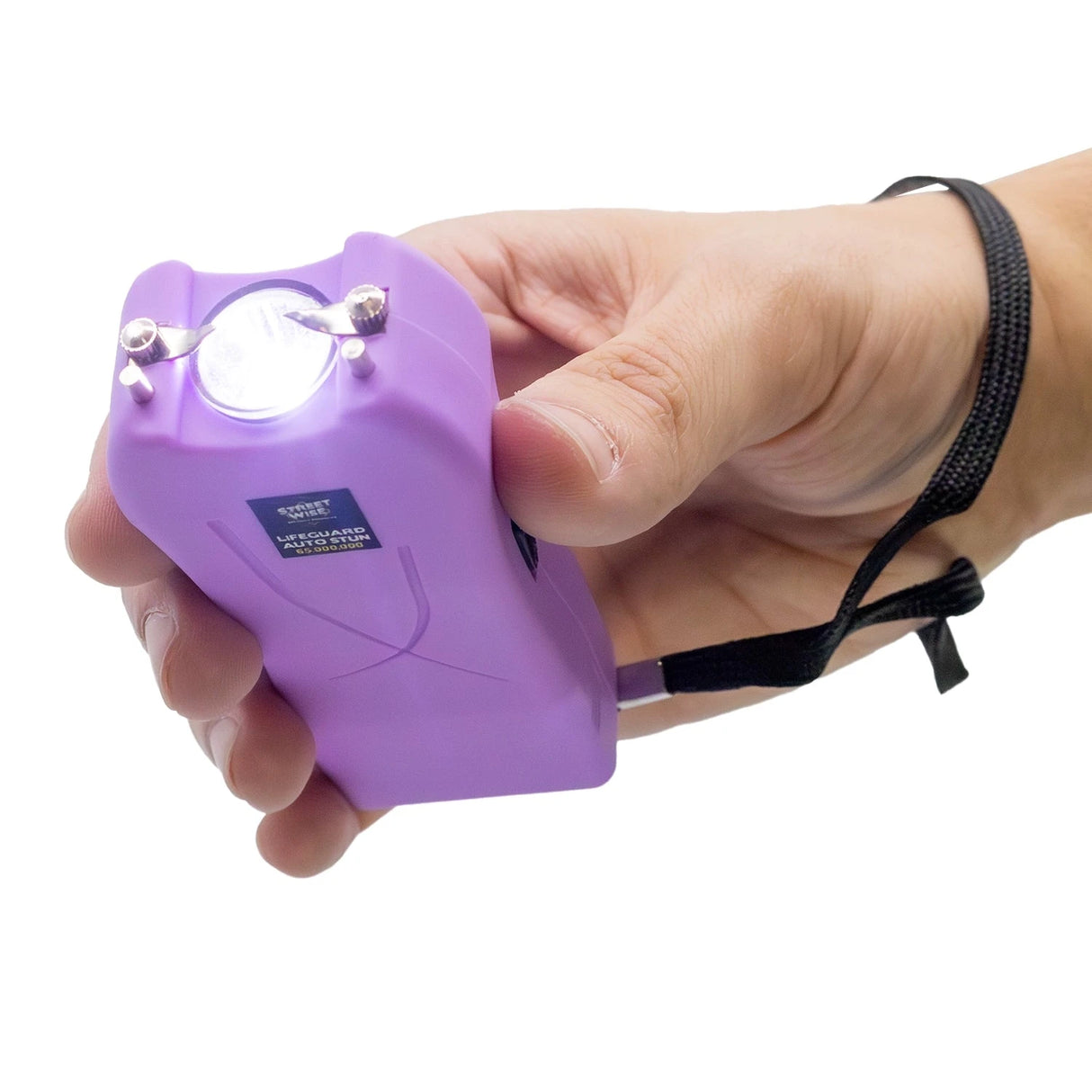 Streetwise light purple Lifeguard Auto Stun Gun LED flashlight on, demonstrating dual function