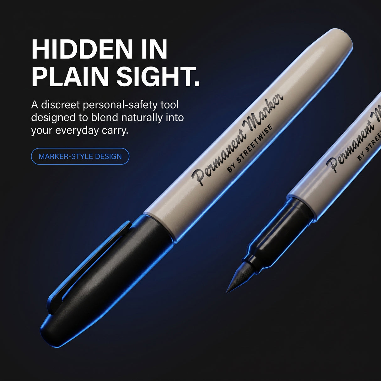 Streetwise Permanent Marker self-defense pen showing its discreet marker-style design with cap on and carbon fiber tip exposed