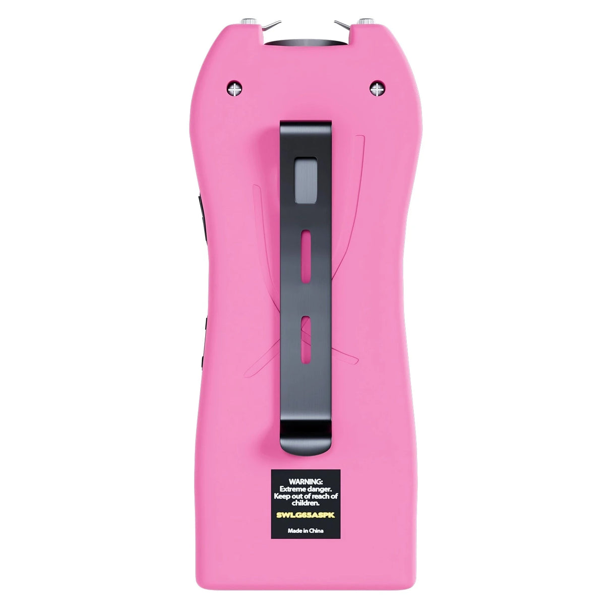 Streetwise pink Lifeguard Auto Stun Gun back view showing belt clip attachment