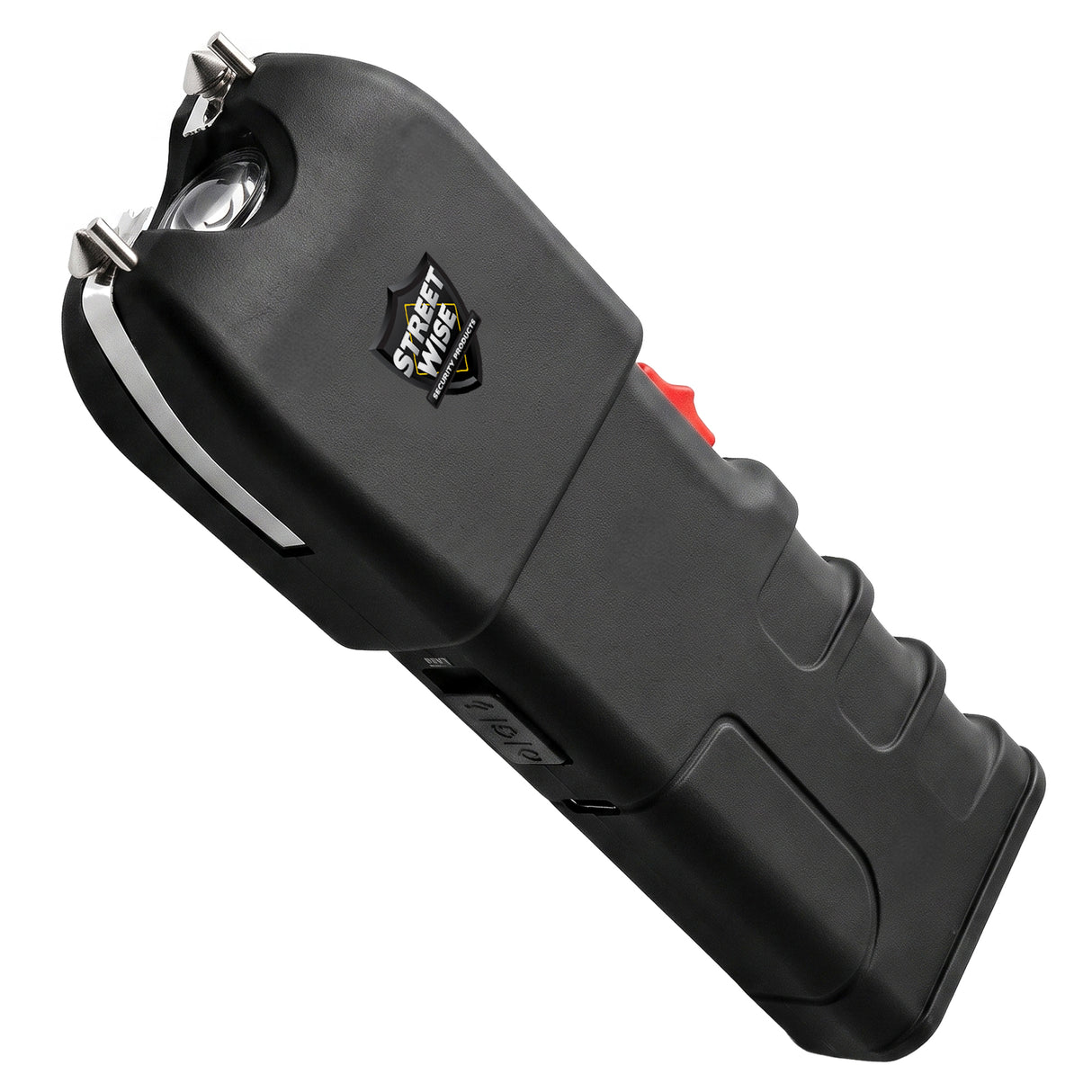Black Streetwise Tap Out Auto Stun Gun with LED flashlight, stun probes, and ergonomic grip
