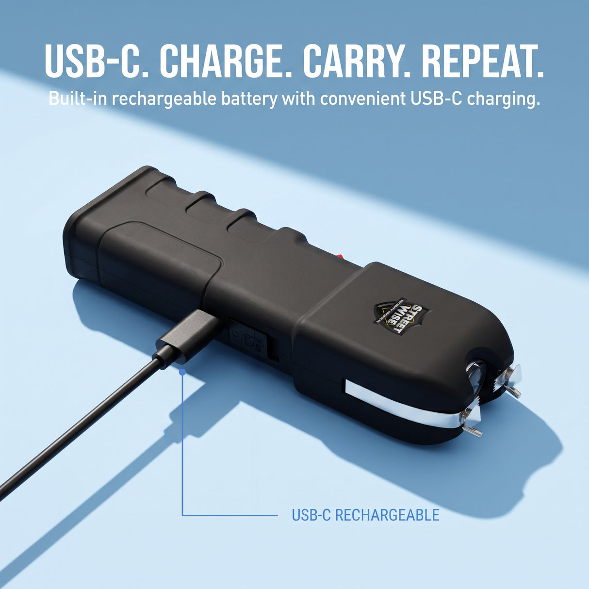 Streetwise Tap Out Auto Stun Gun charging with built-in USB-C rechargeable battery