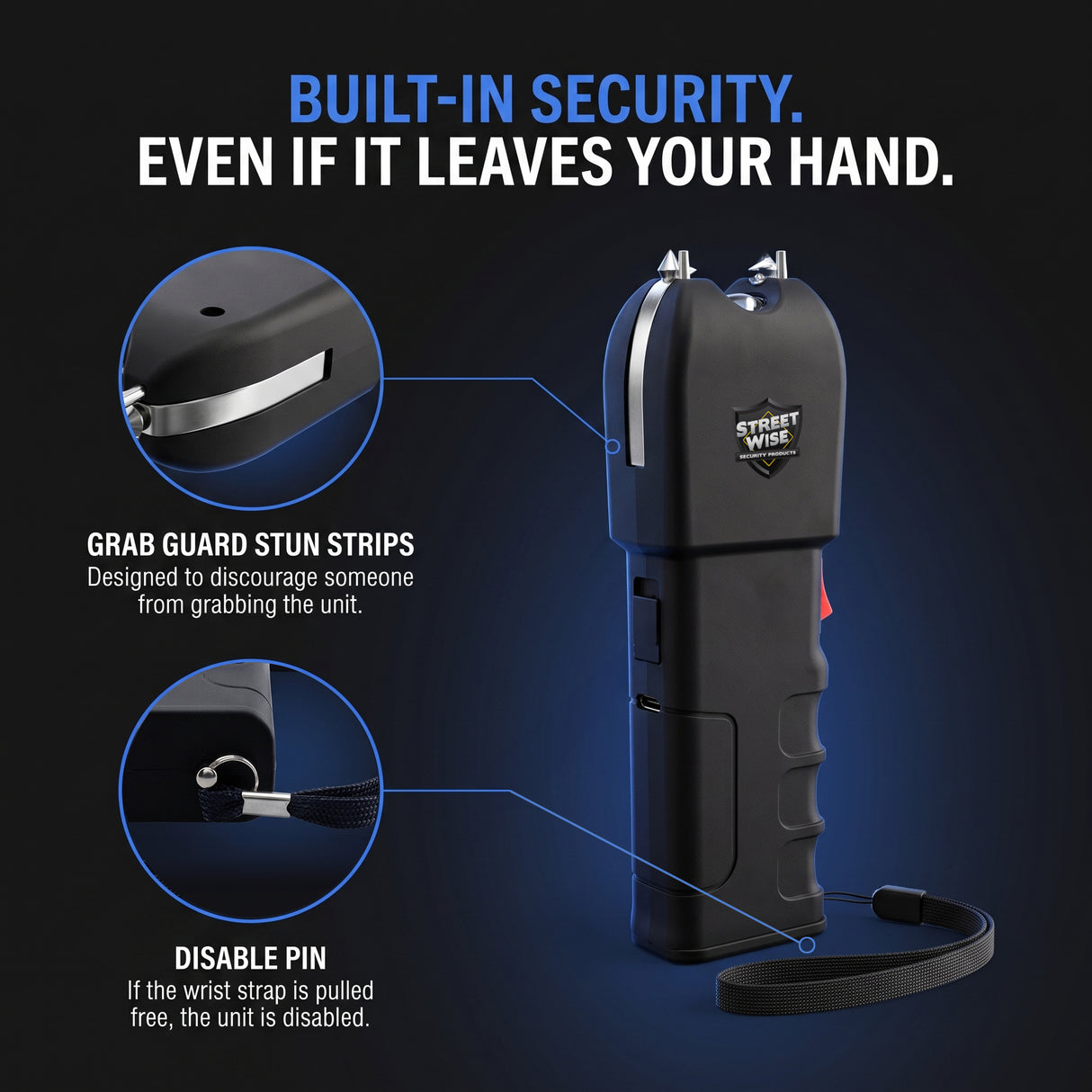 Streetwise Tap Out stun gun showing Grab Guard stun strips and wrist strap disable pin