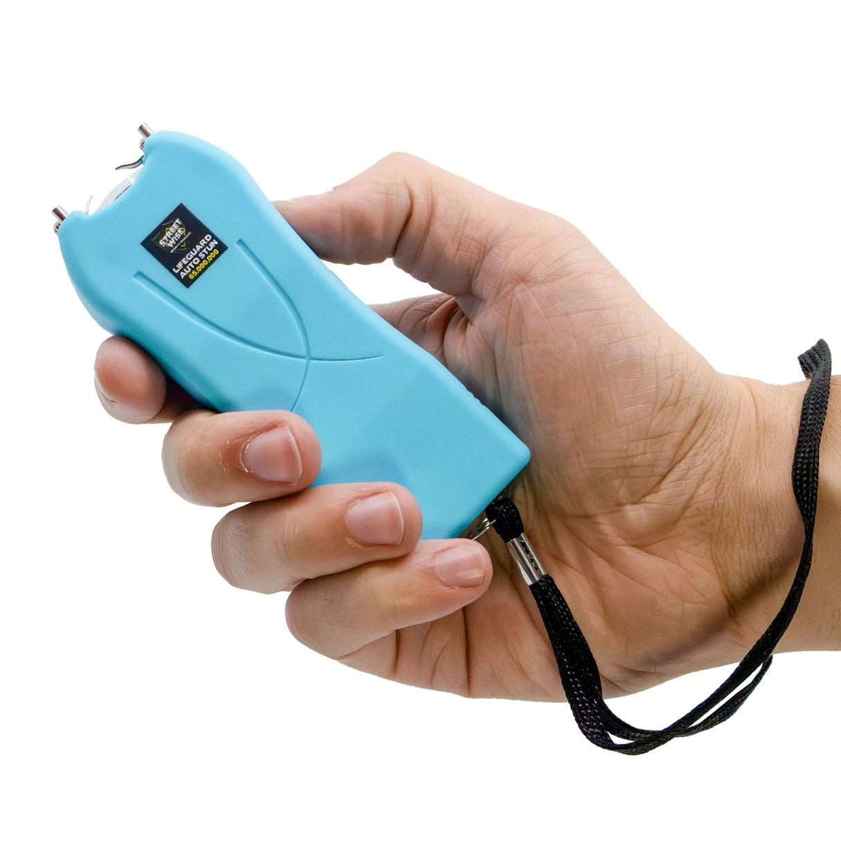 Streetwise teal Lifeguard Auto Stun Gun shown in hand for scale and grip