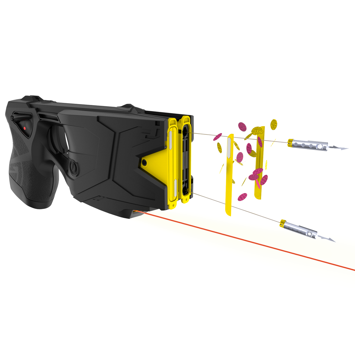 TASER X2 showing dual cartridge firing mechanism and electrical discharge illustration