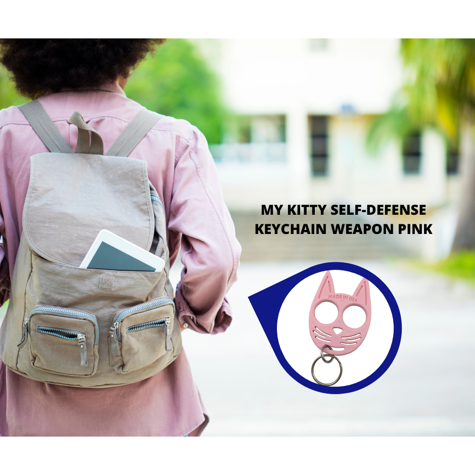A person wearing a backpack with an inset showing the pink 'My Kitty Self-Defense Keychain Weapon