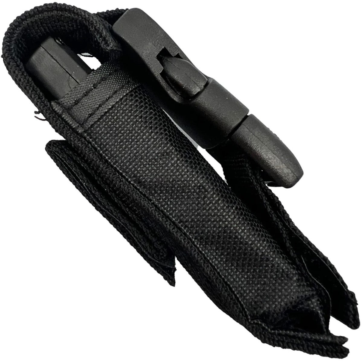 A retracted 2.75" Automatic OTF Double Edge Knife inside its nylon sheath