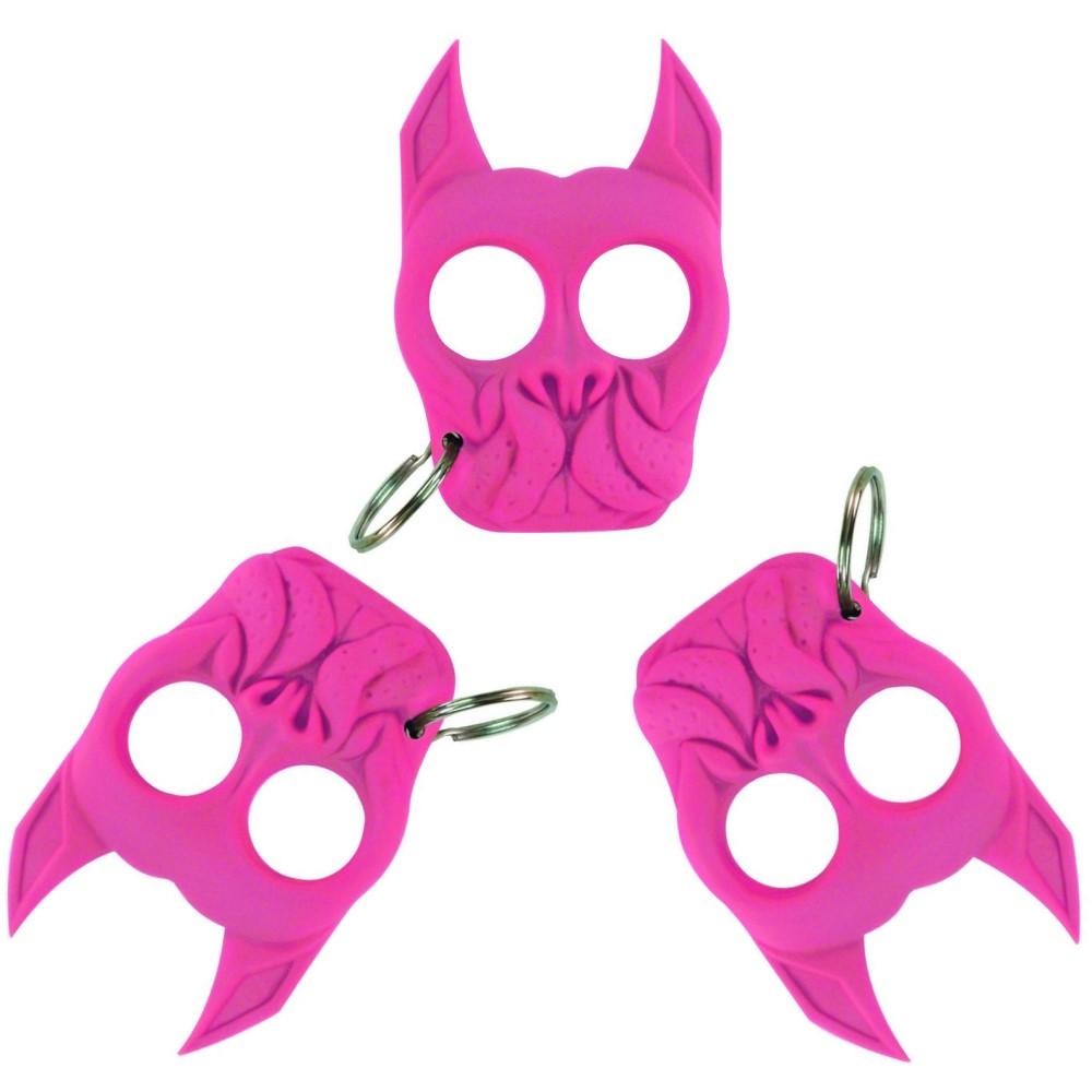 Three bright pink brutus bulldog-shaped self-defense keychains