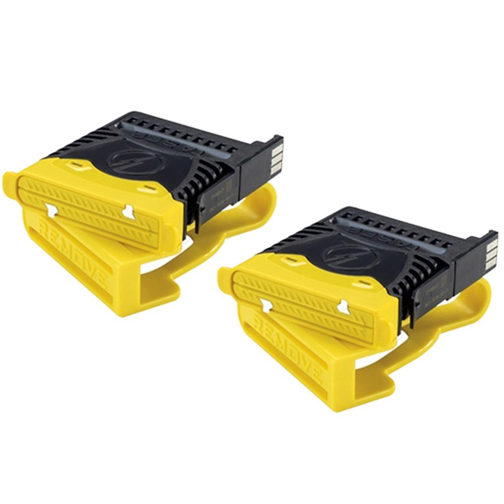 Two black and yellow TASER X2 Reload Air Cartridges with attached yellow removal clips