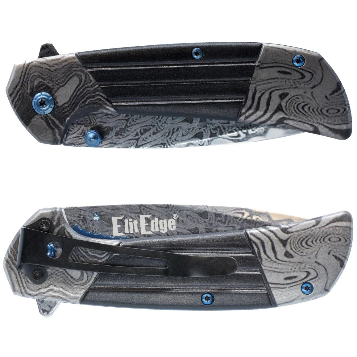 Folded 3.5" ElitEdge Titanium & Damascus Steel Folding Pocket Knife in side views showing the handle