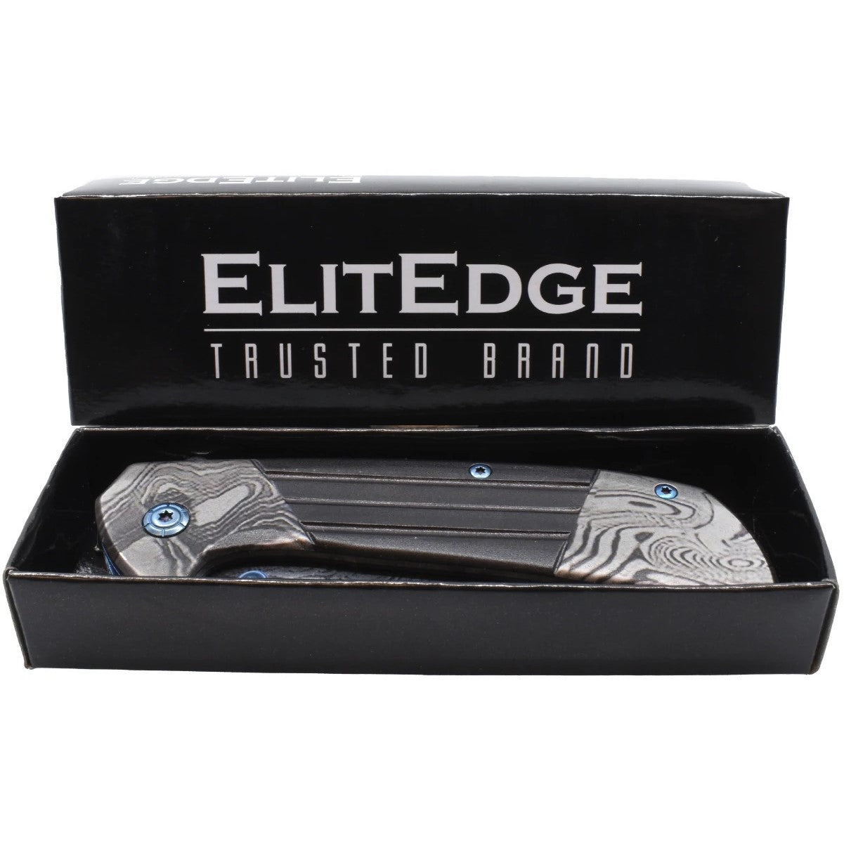 3.5" ElitEdge Titanium & Damascus Steel Folding Pocket Knife in an open packaging