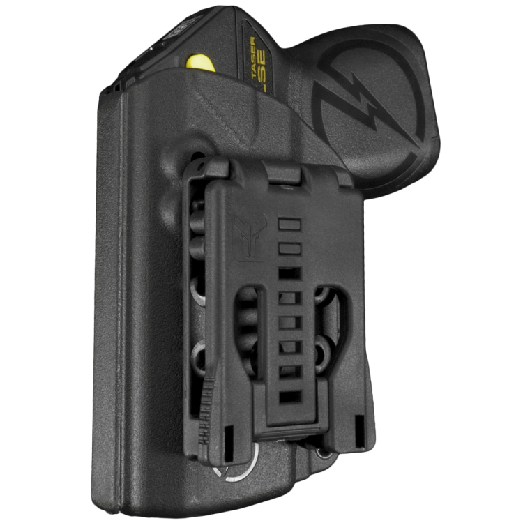 Black Blade-Tech Kydex holster with an adjustable clip, holding a TASER Pulse stun gun