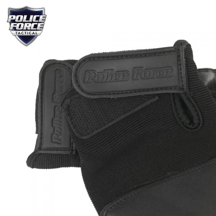 Police Force Black Tactical Steel Shot Leather SAP Gloves showing the wrist closure straps with embossed 'Police Force' branding