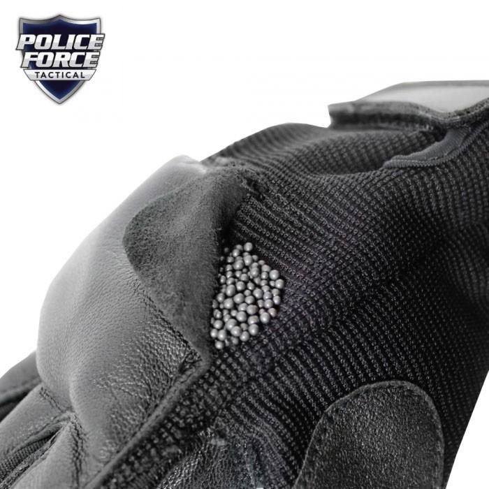 Police Force Black Tactical Steel Shot Leather SAP Gloves highlighting the lead pellets or weighted beads inside