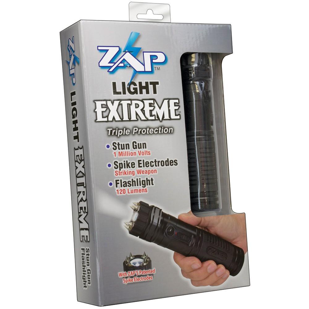 ZAP Rechargeable Stun Gun Flashlight with stun prongs in a packaging