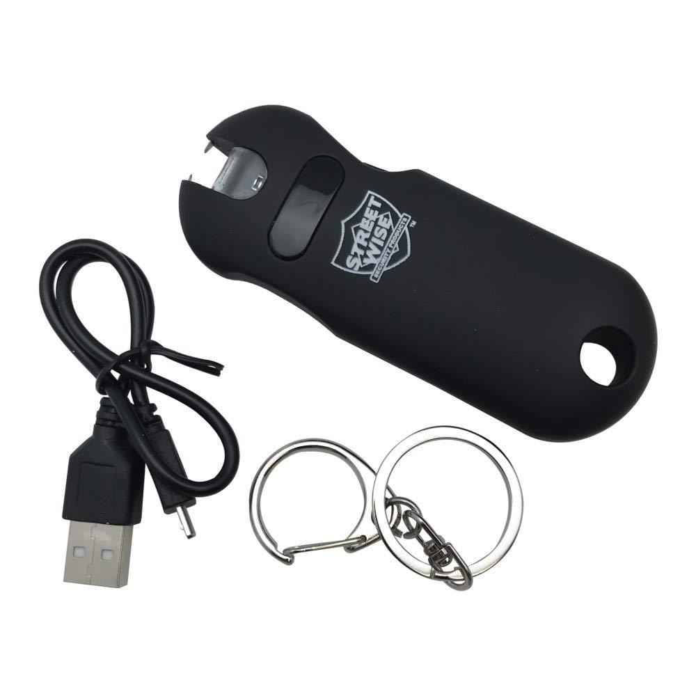 Black Street Wise mini stun gun with flashlight with black charging cable and keyring