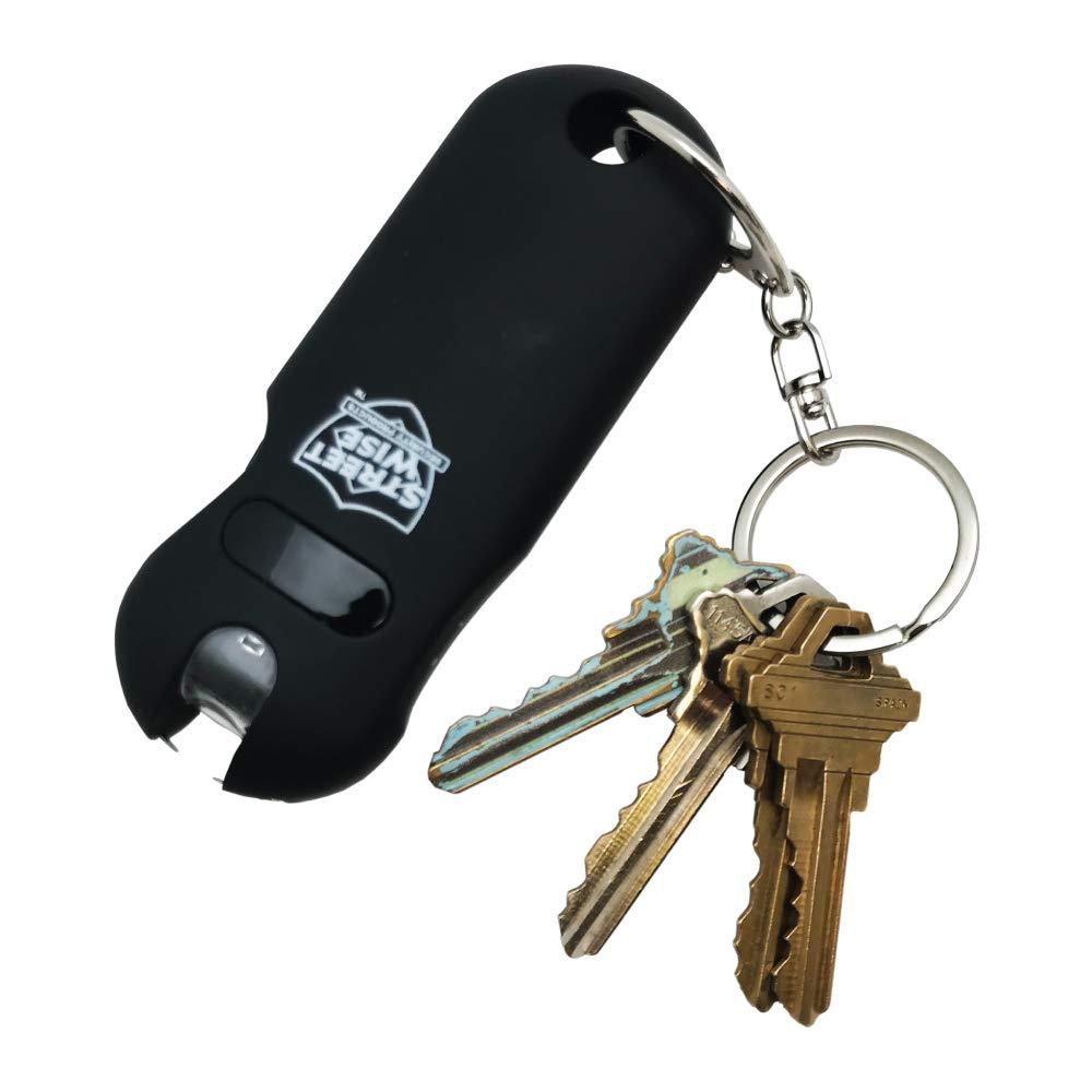 Black Street Wise mini stun gun and flashlight attached to a keyring with keys