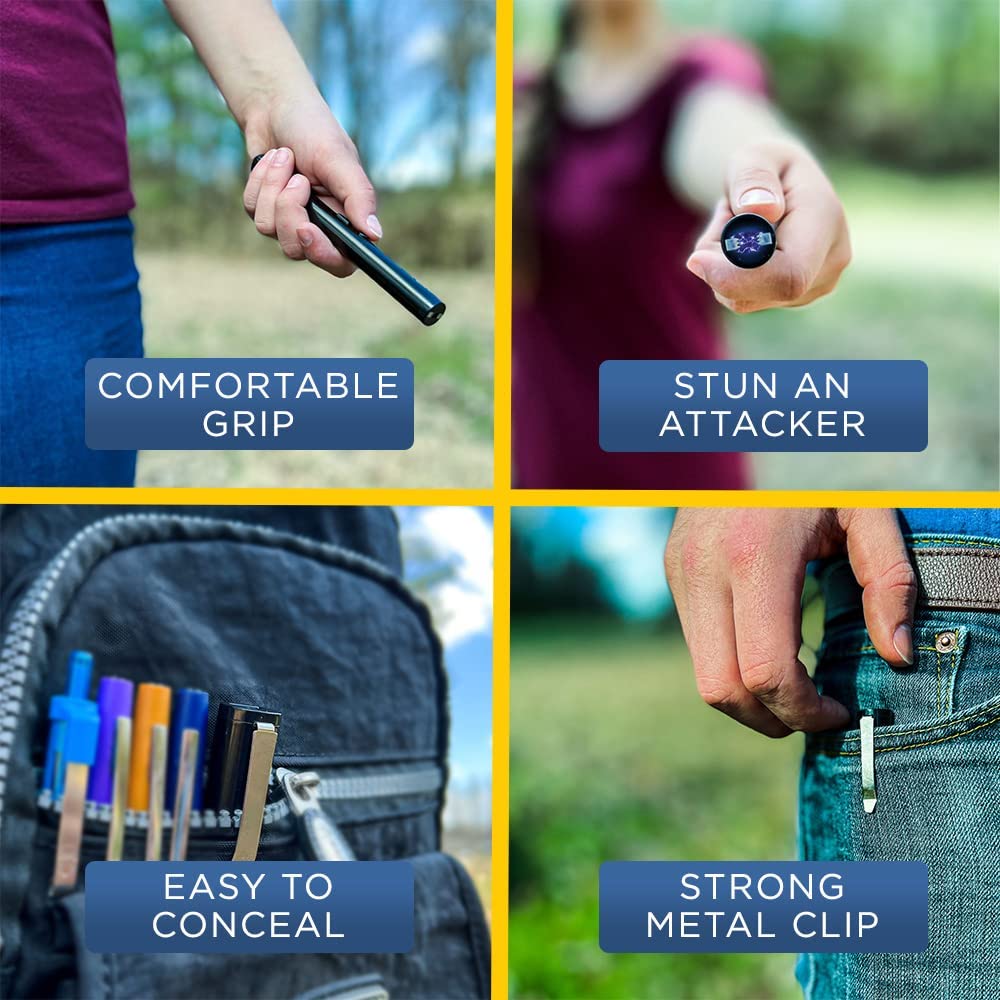A collage demonstrating the Streetwise Pain Pen stun gun's features: comfortable grip, ability to stun an attacker, easy concealment in a bag, and the strong metal clip