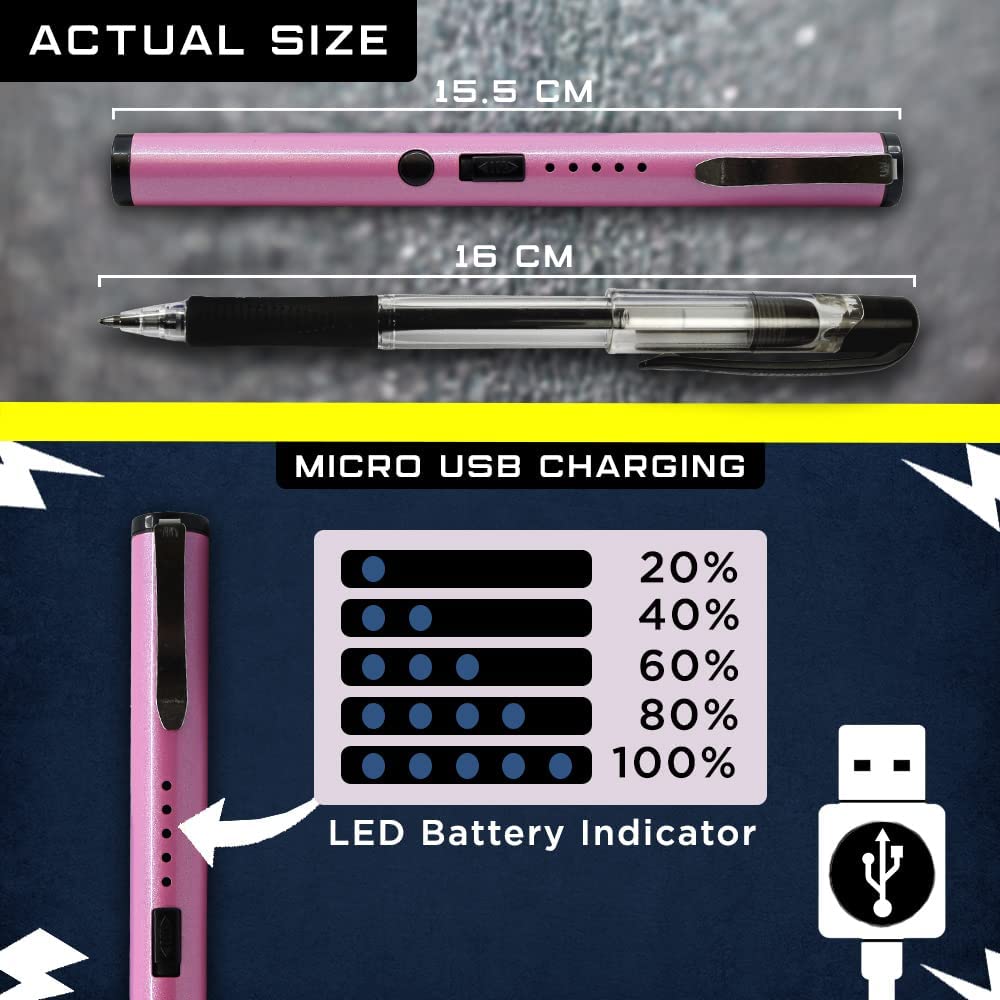 Comparison of the actual Size of the pink pen stun gun to a normal pen, and showing the Micro USB charging and LED battery indicator levels