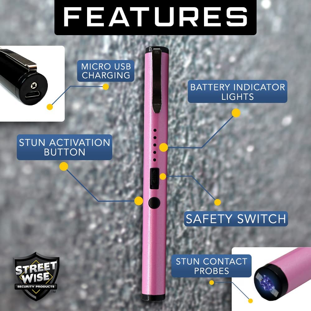 Diagram of the Streetwise Pain Pen stun gun labeling its features, including the Micro USB charging port, battery lights, safety switch, and stun contact probes.