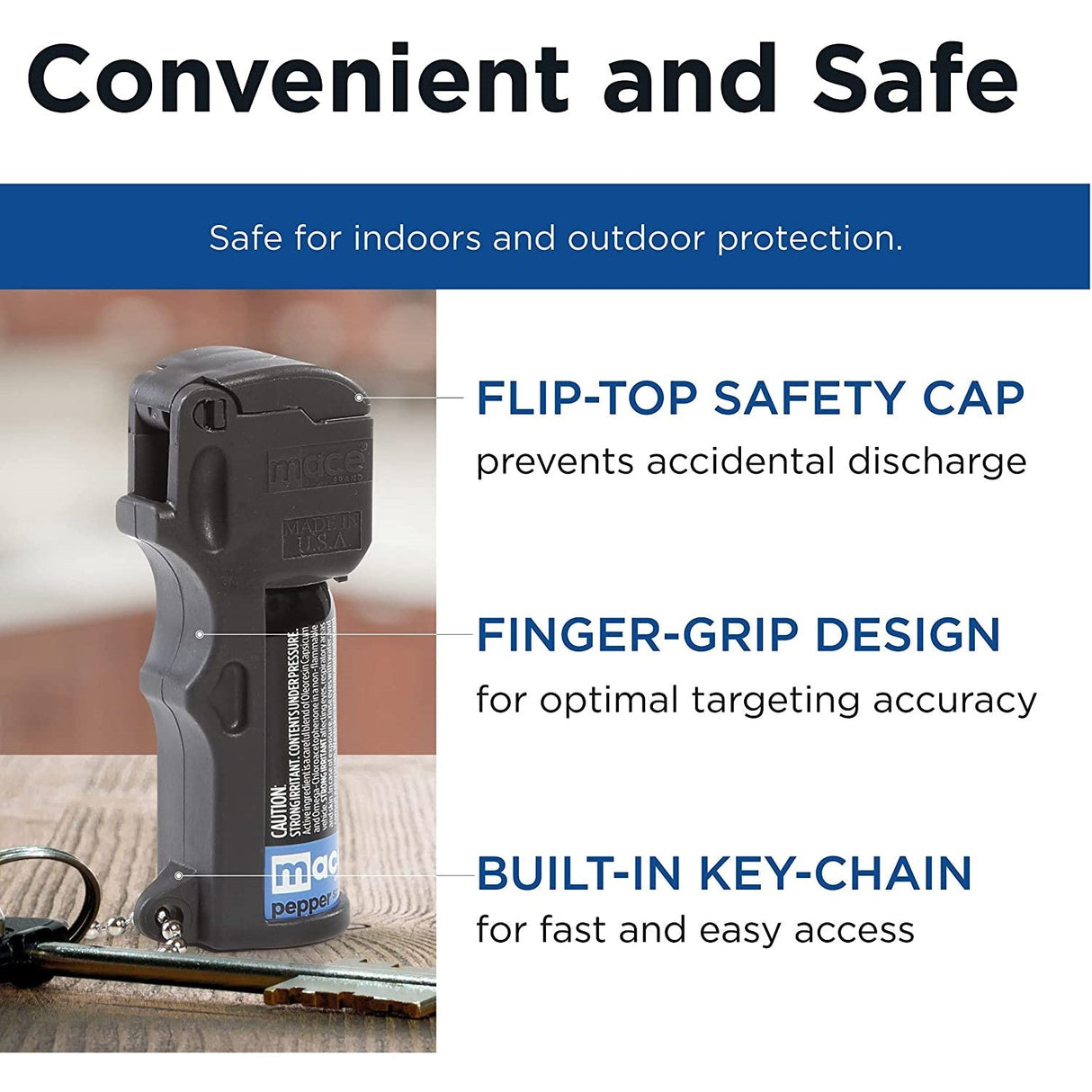 Marketing graphic highlighting the features of a 12g MACE Pocket Keychain Pepper Spray