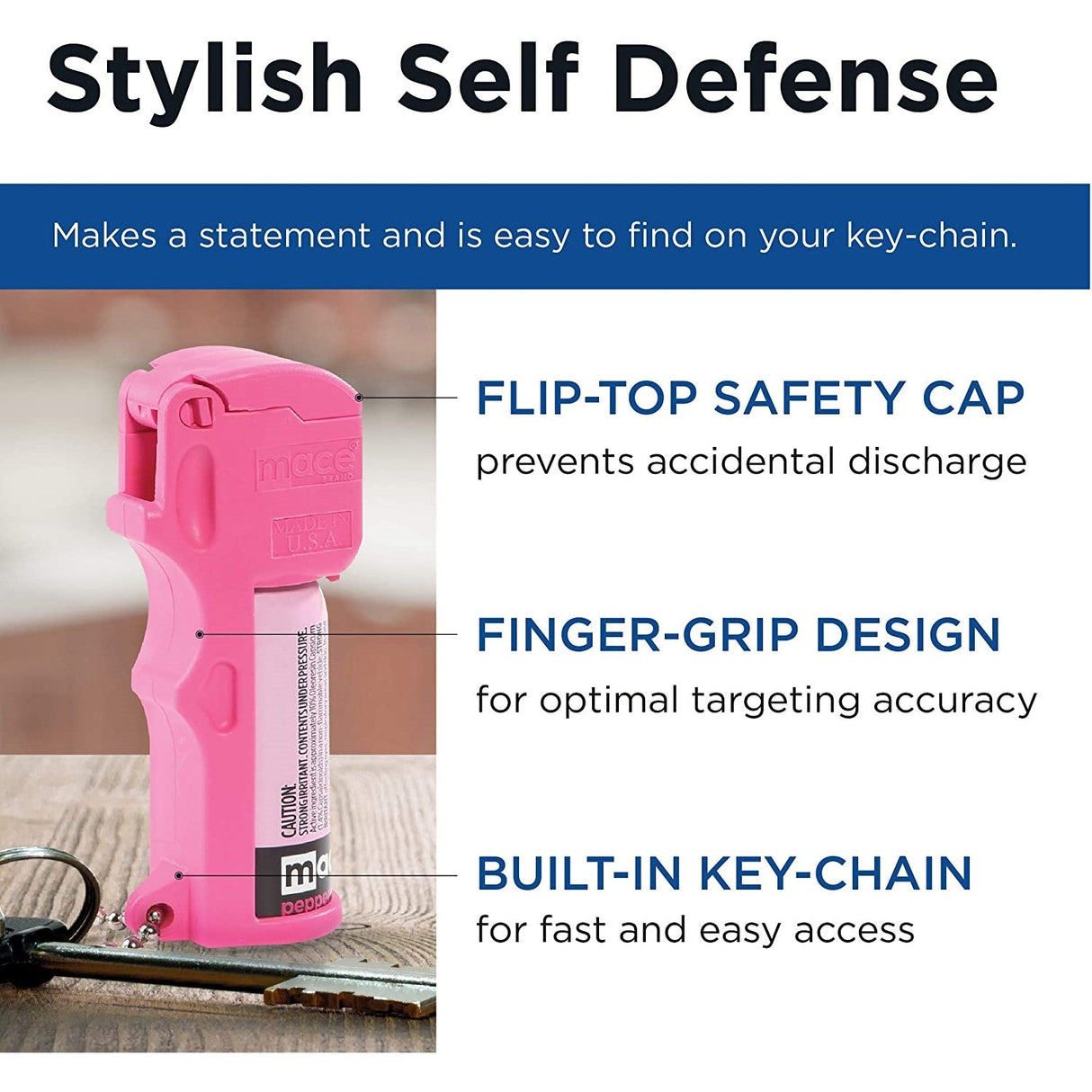 Pink MACE pepper spray keychain unit labeling the flip-top safety cap and finger-grip features