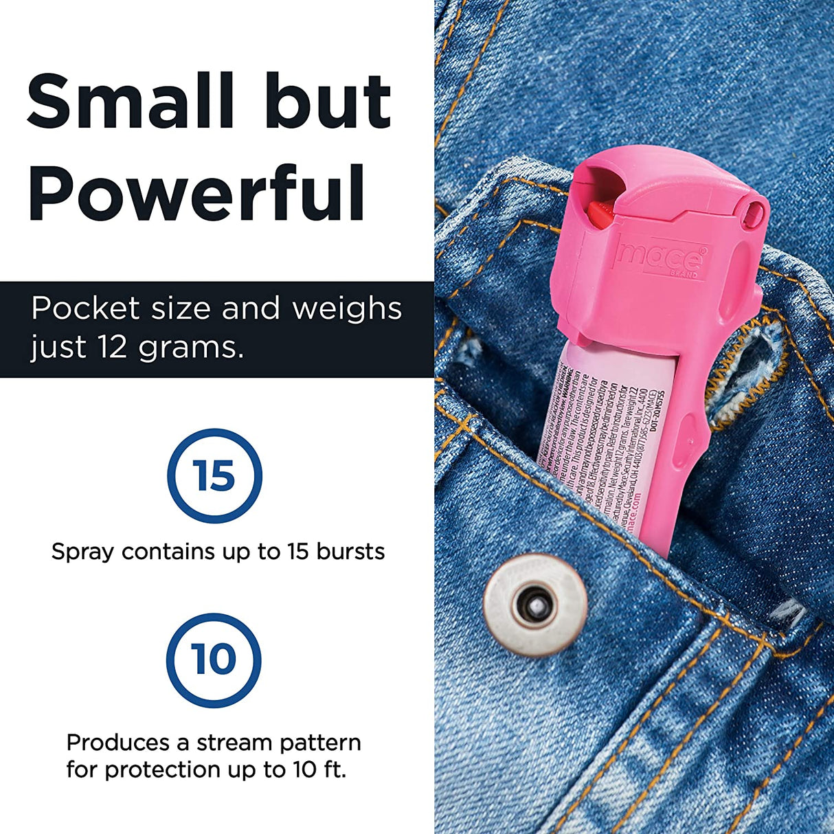 Pink MACE pepper spray in a jean pocket, with text stating it is pocket-sized, has 15 bursts, and a 10-foot range