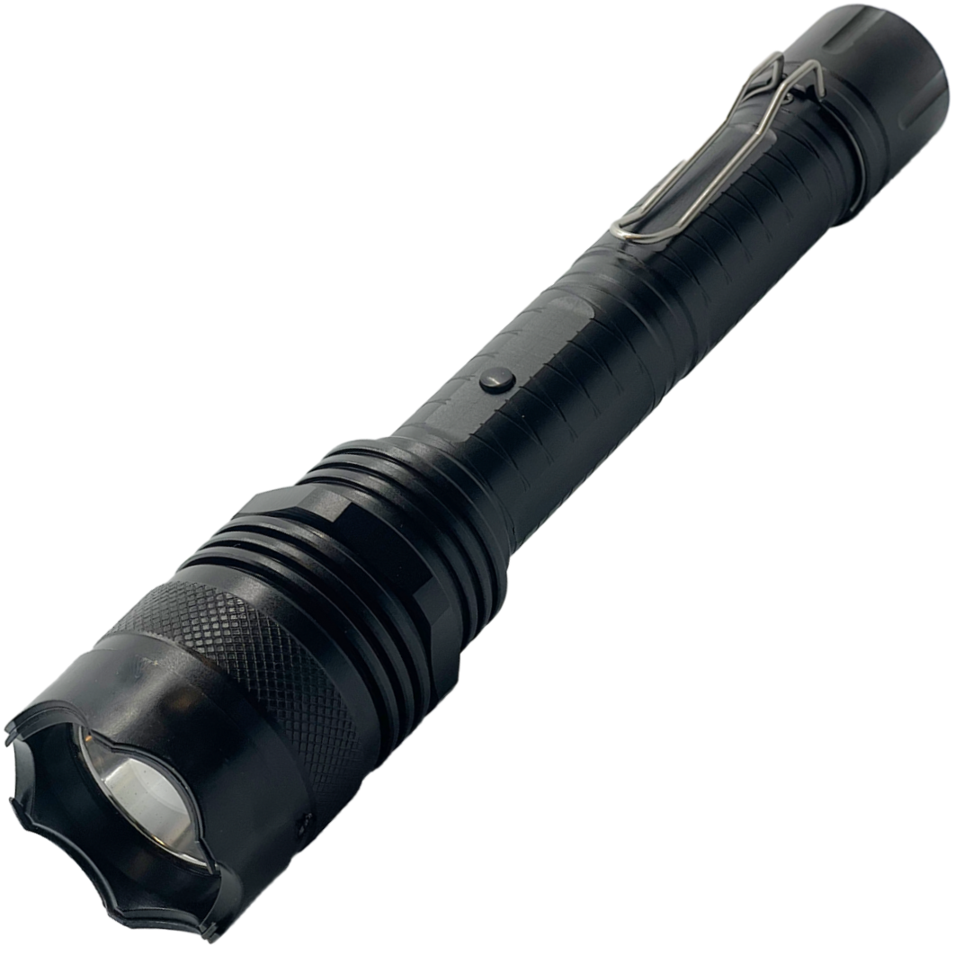 A backside of 95M JOLT Rechargeable Police Stun Gun Flashlight showing its metal clip