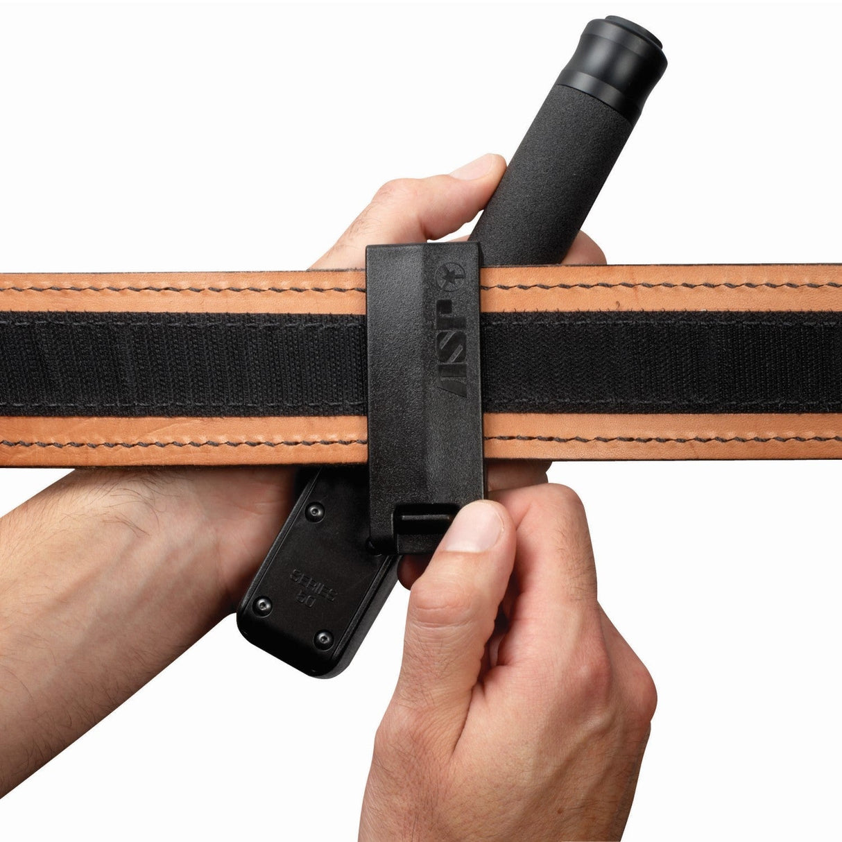 A hand strapping a 24" ASP Envoy Rotating Talon Baton Scabbard