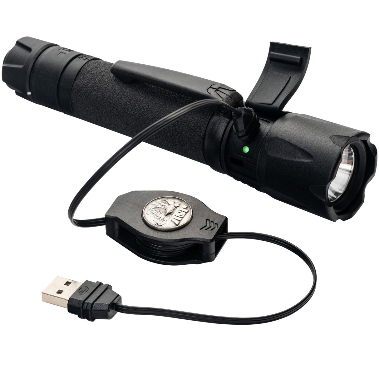 An ASP Poly DF Police Duty Rechargeable LED Flashlight connected to a charging cable with ASP logo
