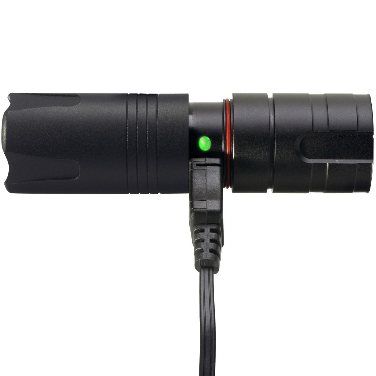 A side view of ASP Tungsten DF Rechargeable LED Flashlight 430 Lm showing the light indicator when charging cable is connected