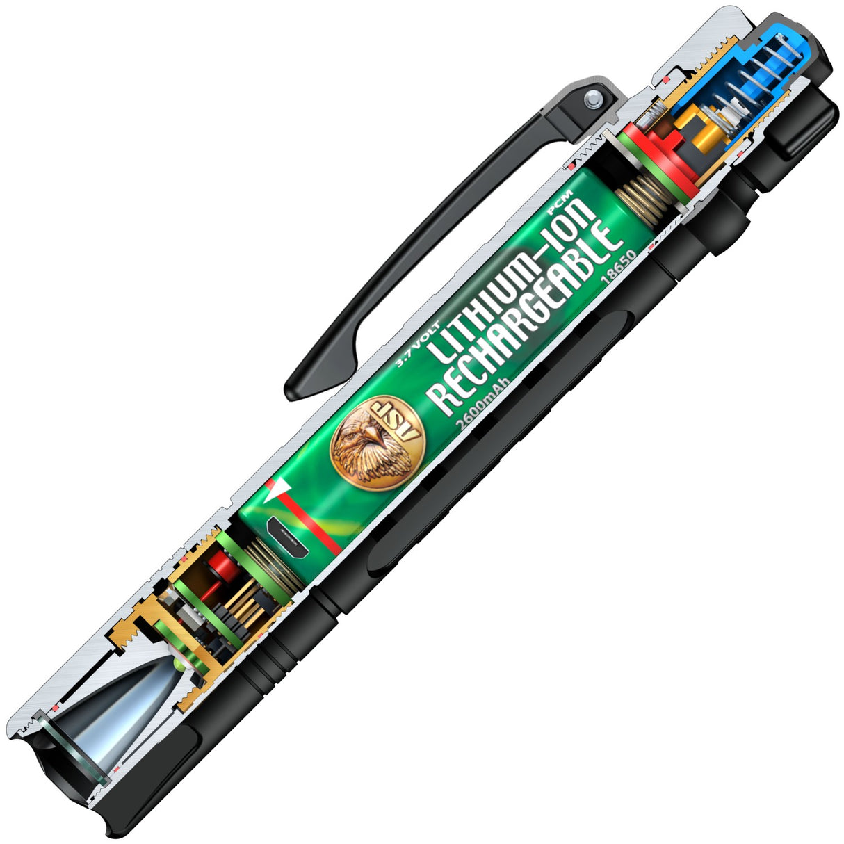 A digital illustration showing the inside components of ASP Tungsten DF Rechargeable LED Flashlight 430 Lm