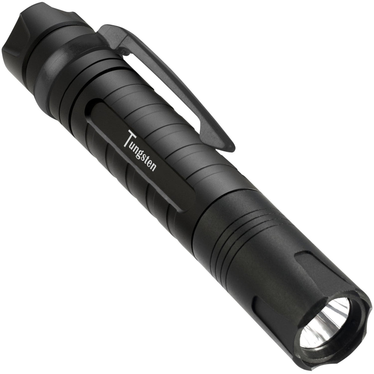 A side view of ASP Tungsten DF Rechargeable LED Flashlight 430 Lm showing its metal clip