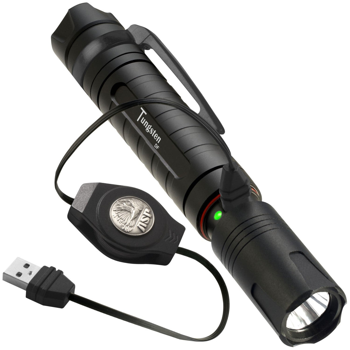 An ASP Tungsten DF Rechargeable LED Flashlight 430 Lm connected to a charging cable with ASP logo