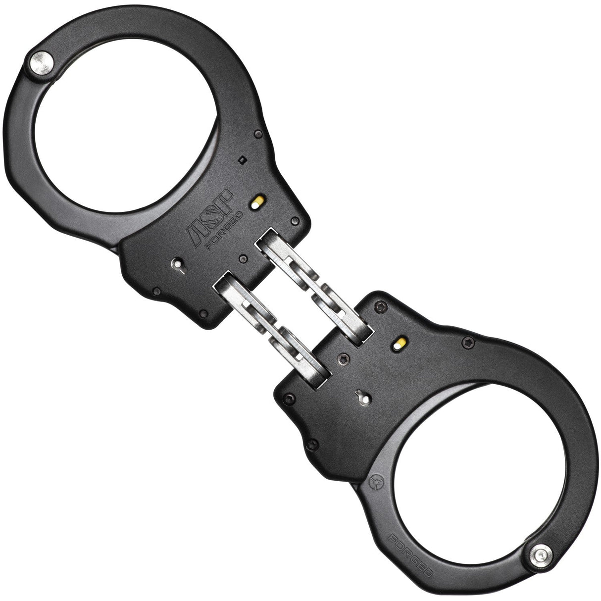 A pair of ASP Ultra Double Lock Aluminum Hinge Handcuffs in black color.