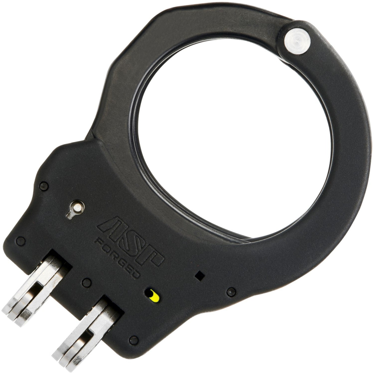 A single piece of A hand using the key to unlock a pair of ASP Ultra Double Lock Aluminum Hinge Handcuff