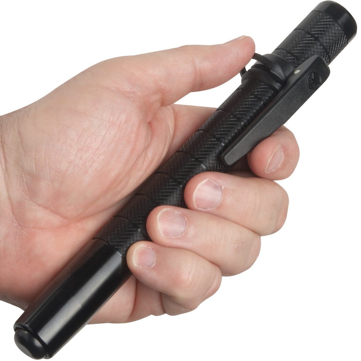 A hand inserting the adjustable clip on ASP Protector Friction Loc Expandable Clip-On Baton