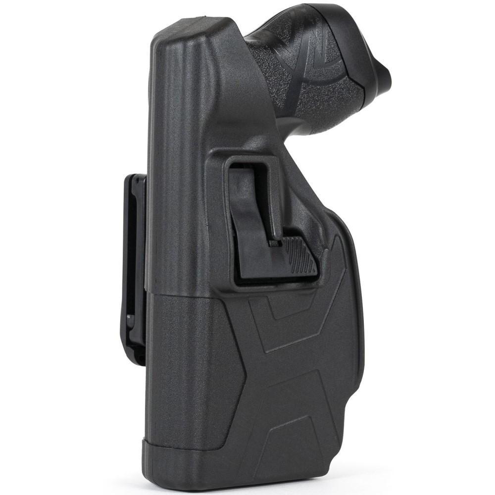 Side view of BLACKHAWK! TASER X2 inside a Quick Draw Holster