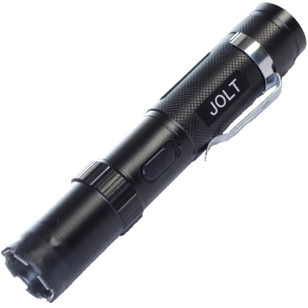 A close up view of 75M JOLT Police Tactical Rechargeable Stun Gun Flashlight showing its metal clip
