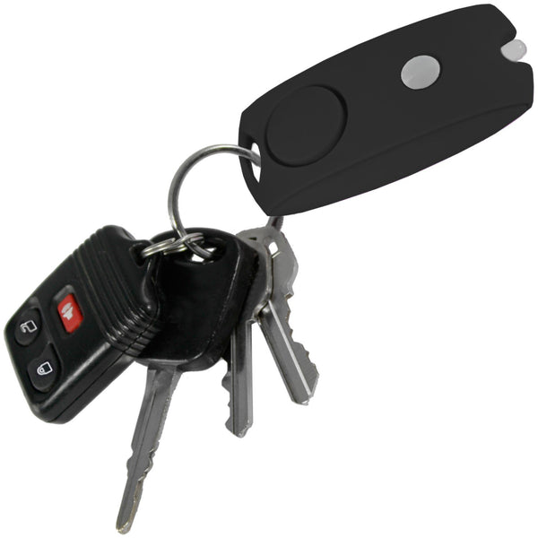 Black 120dB keychain panic alarm with LED light from streetwise attached with keys