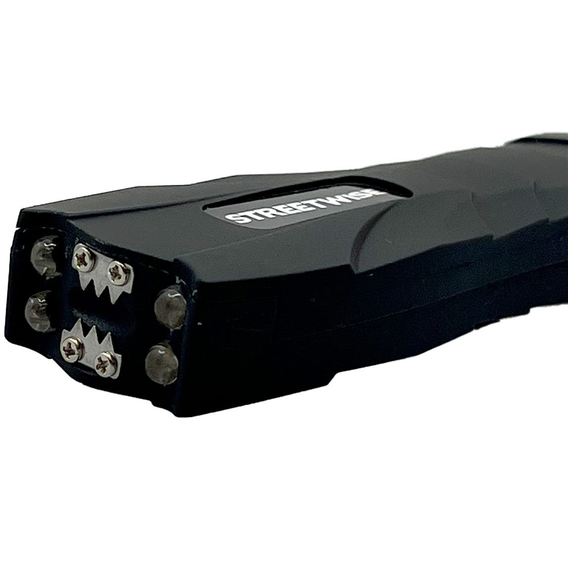 Close up view of metal probes for Streetwise Serpent LED Glass Breaker Stun Gun 83M
