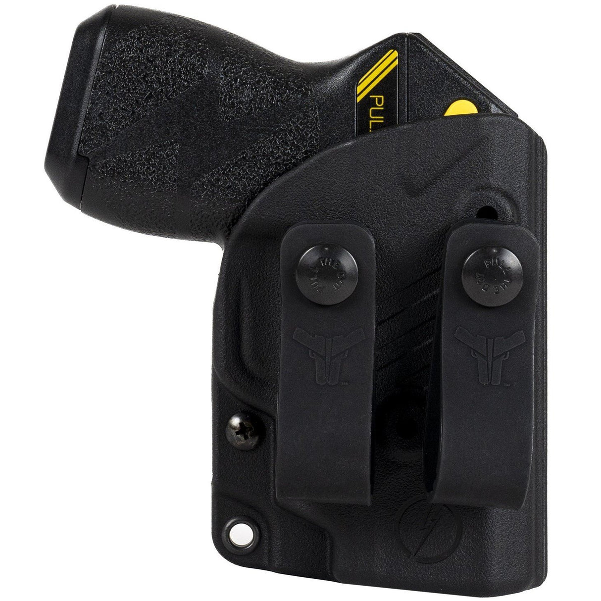 A black Blade-Tech IWB Kydex holster holding a Taser Pulse, shown with two belt clips