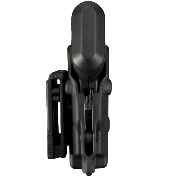 Black Blade-Tech Kydex holster with an adjustable clip, holding a TASER Pulse stun gun bottom view