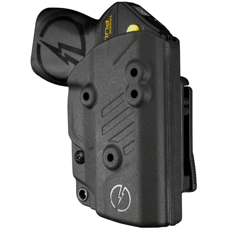 Black Blade-Tech Kydex holster with an adjustable clip, holding a TASER Pulse stun gun side view